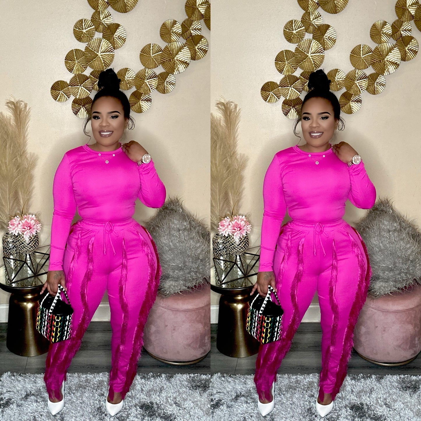 FRINGE BABE PANTS SET (FUCHSIA)