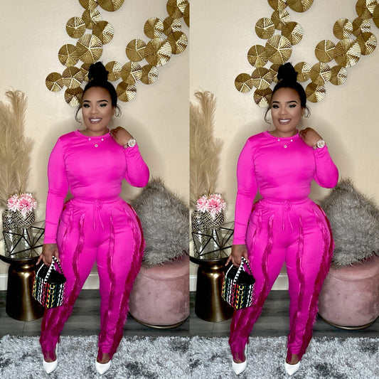 FRINGE BABE PANTS SET (FUCHSIA)