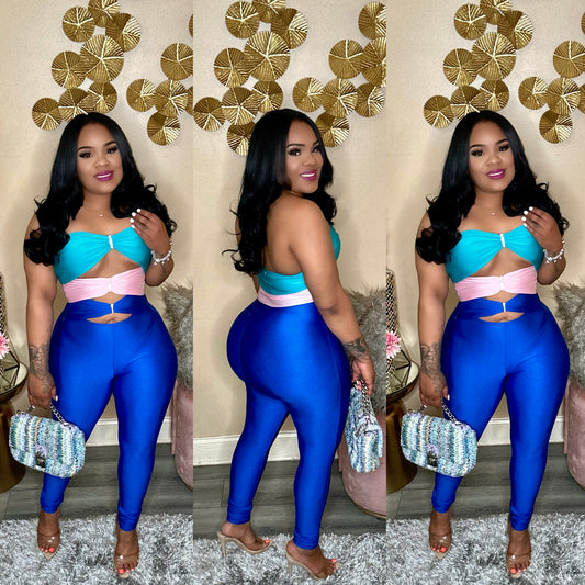 GIVE EM THE BLUES JUMPSUIT (ROYAL/MULTI)